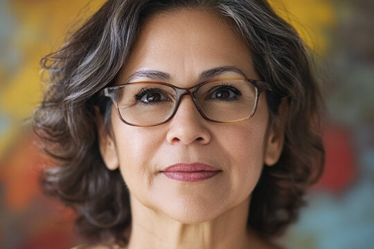 a middle-age hispanic woman wearing glasses. Age and race/ethnicity are risk factors for glaucoma